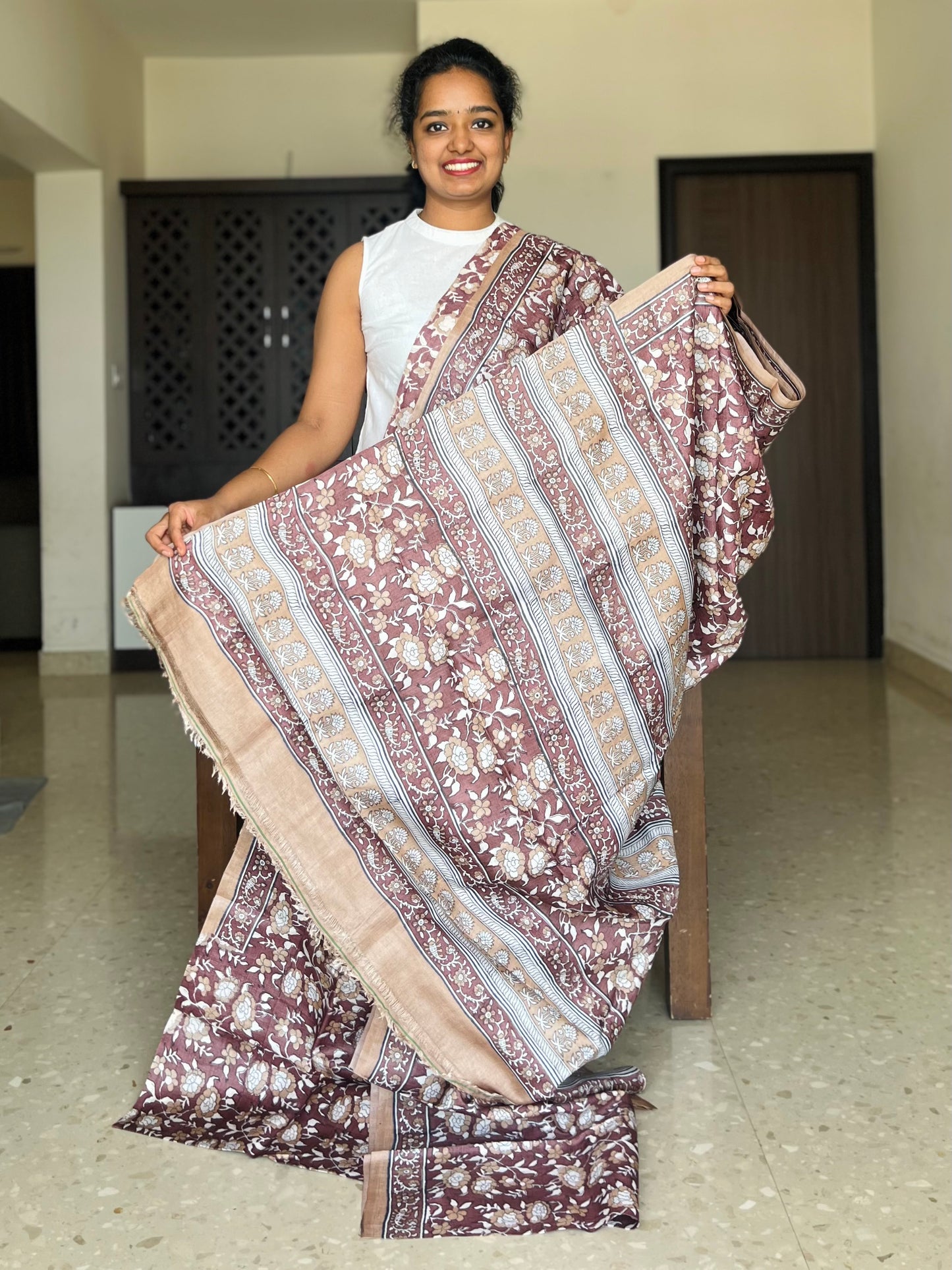 Brown Tussar Silk Saree with Prints