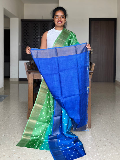 Green and Blue Tussar Silk Saree with Prints