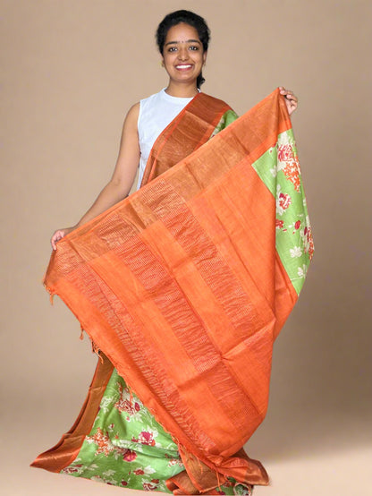 Green and Orange Tussar Silk Saree with Prints