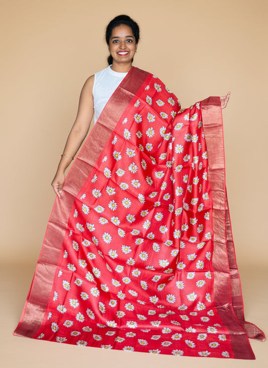Red Tussar Silk Saree with Prints