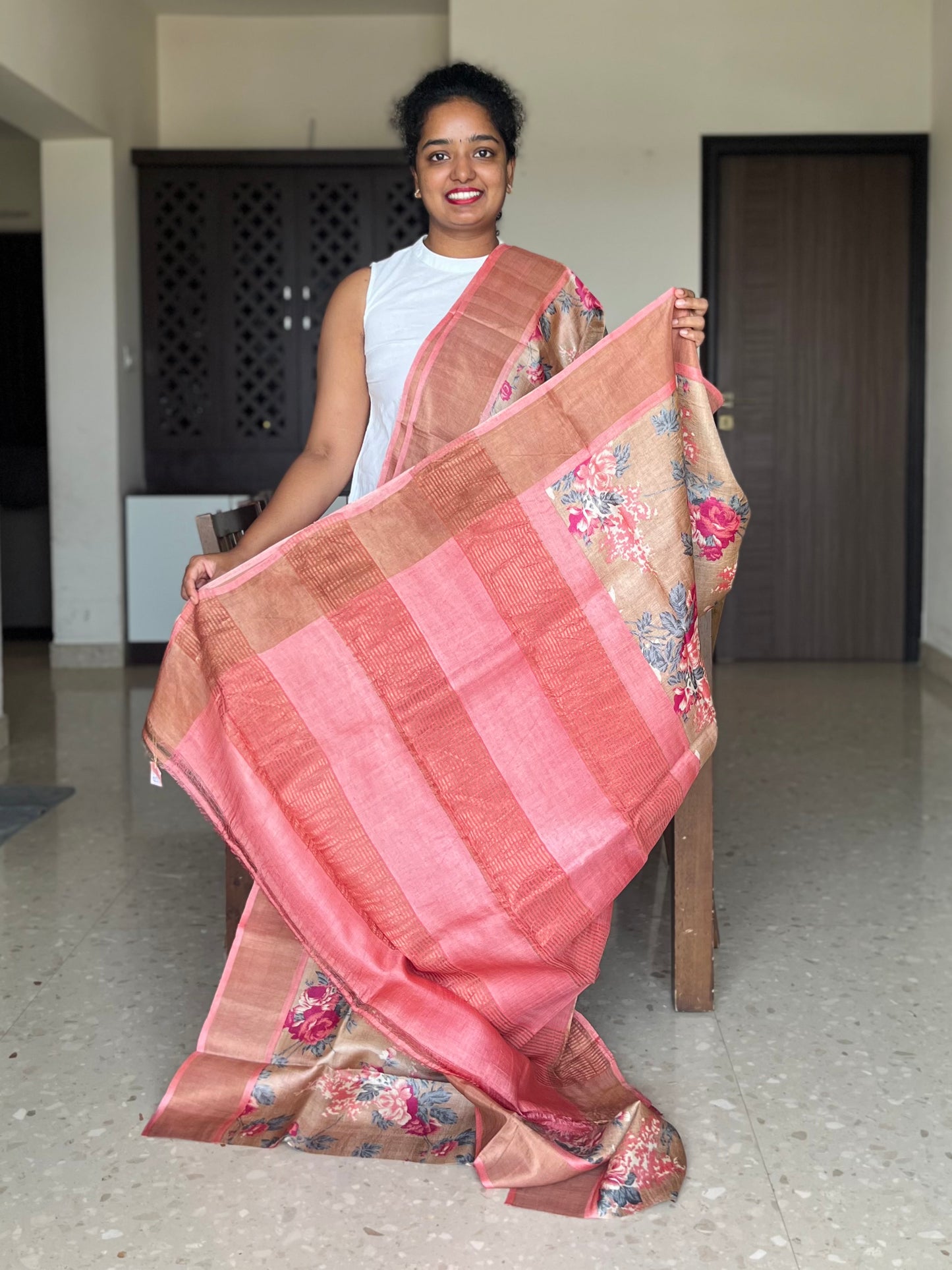Peach Tussar Silk Saree with Prints