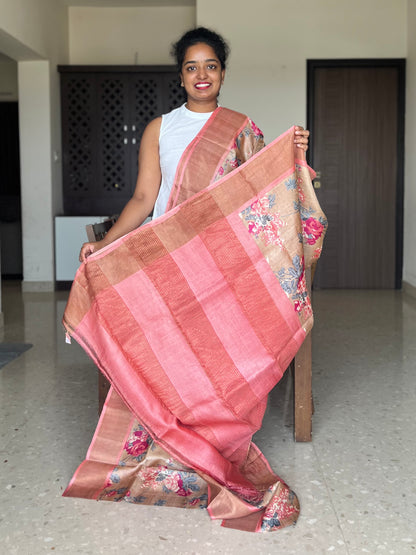Peach Tussar Silk Saree with Prints