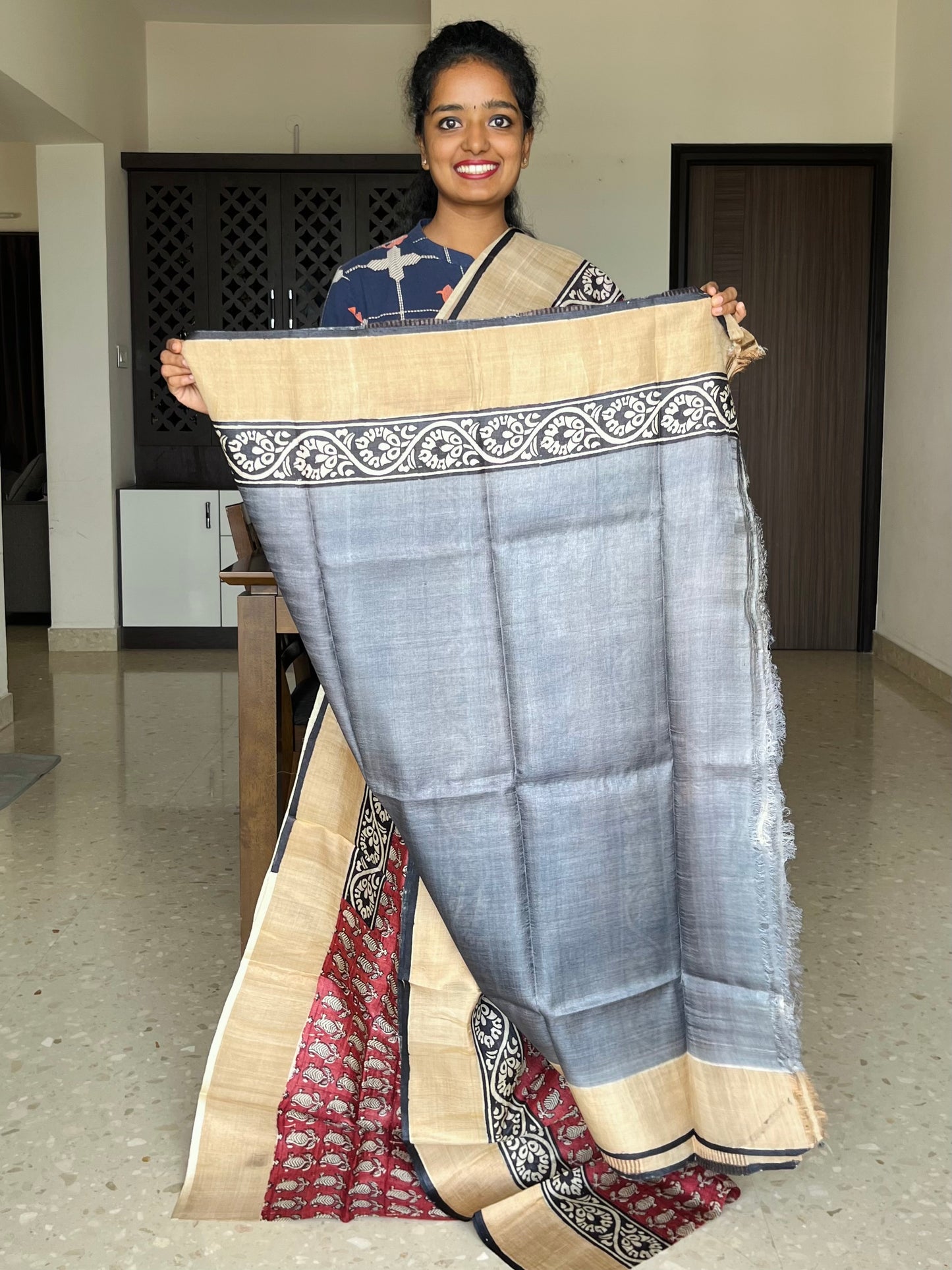 Brown Tussar Silk Saree with Prints