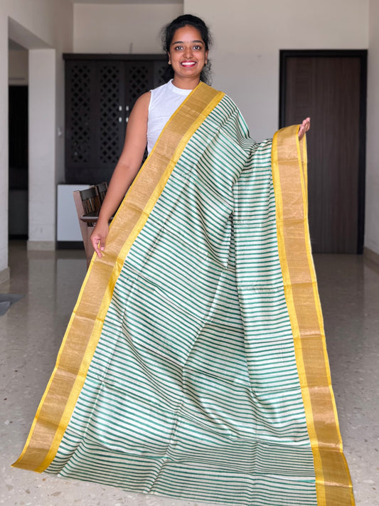 Green and Yellow Tussar Silk Saree with Prints