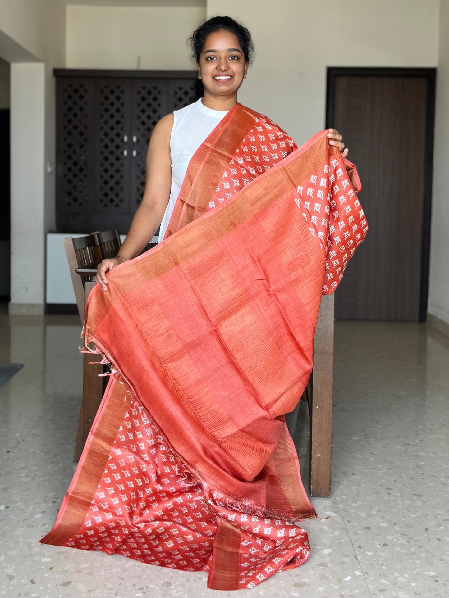 Orange Tussar Silk Saree with Prints