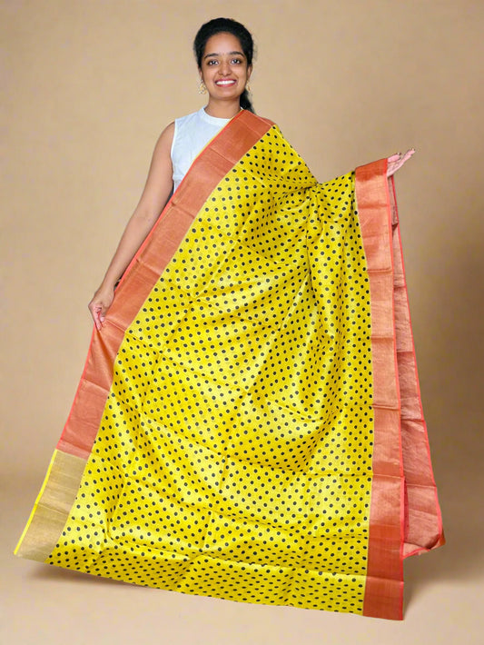 Yellow and Orange Tussar Silk Saree with Prints