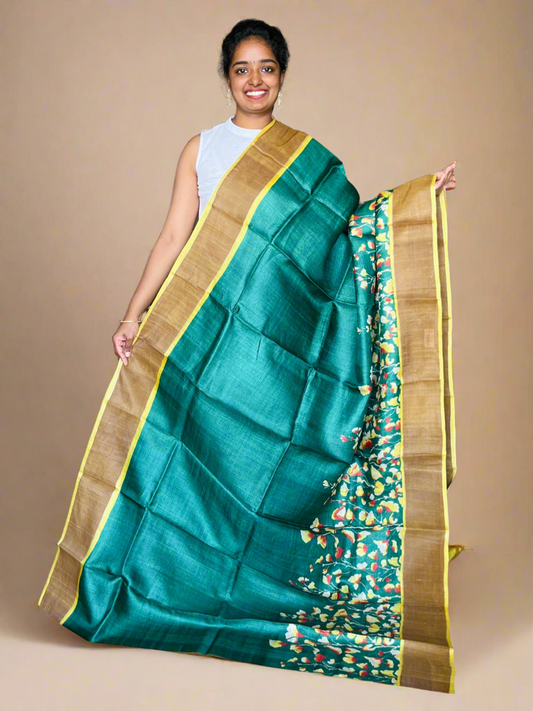 Dark Green and Yellow  Tussar Silk Saree with Prints
