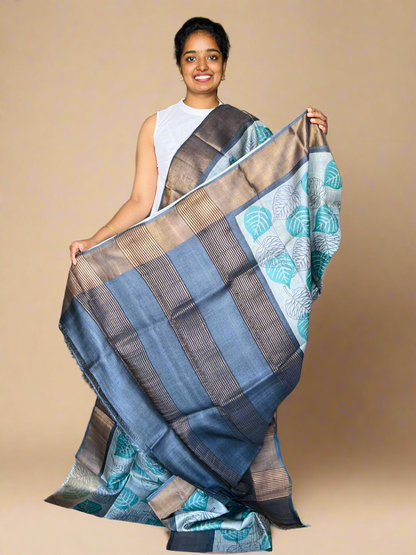 Grey and Black Tussar Silk Saree with Prints