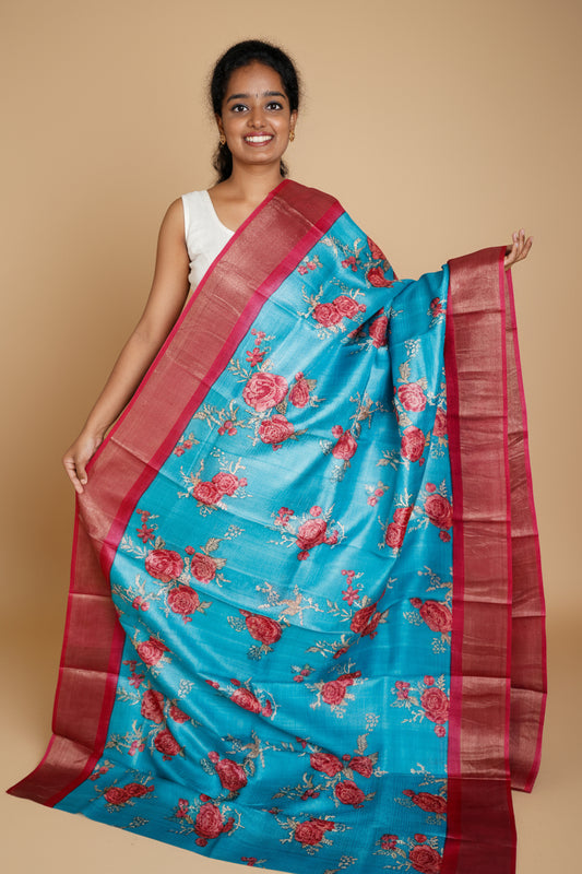 Blue and Magenta Tussar Silk Saree with Prints