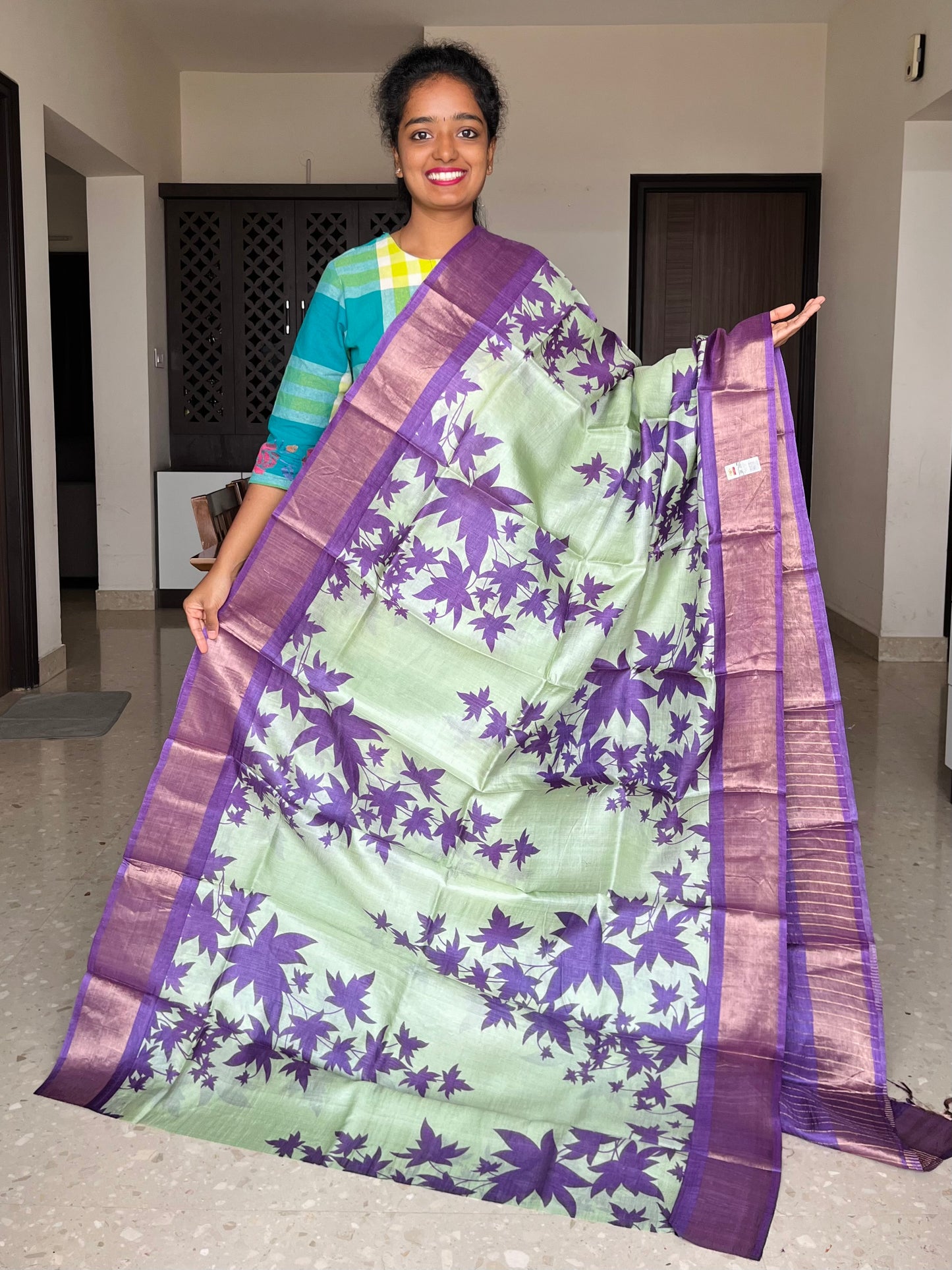 Mint Green and Violet Tussar Silk Saree with Prints