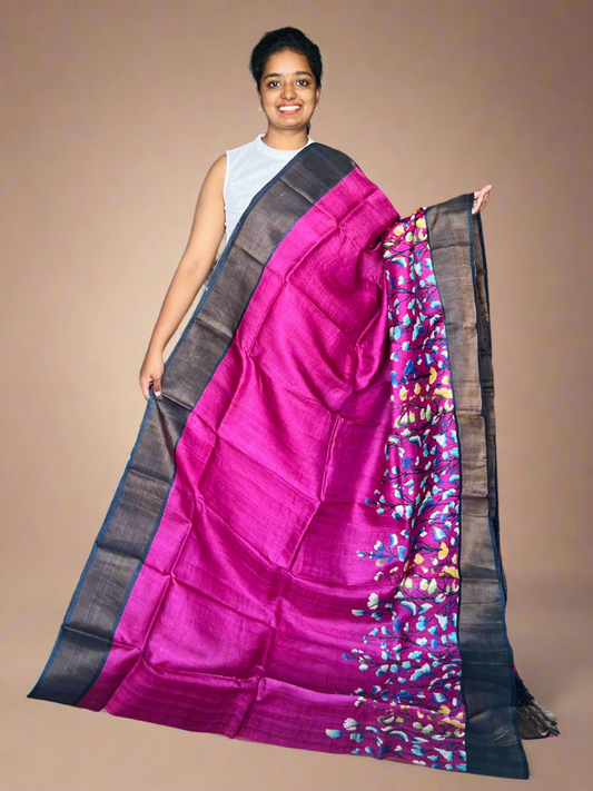 Magenta and Black Tussar Silk Saree with Prints