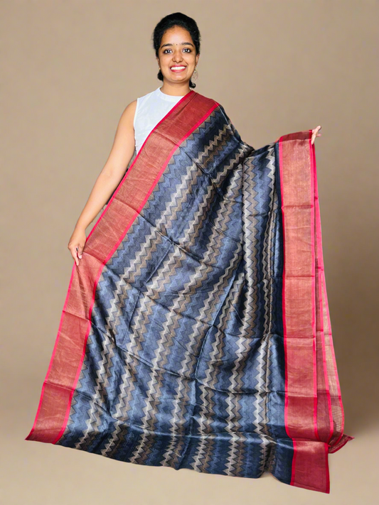 Blue and Red Tussar Silk Saree with Prints