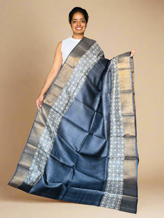 Black Tussar Silk Saree with Prints