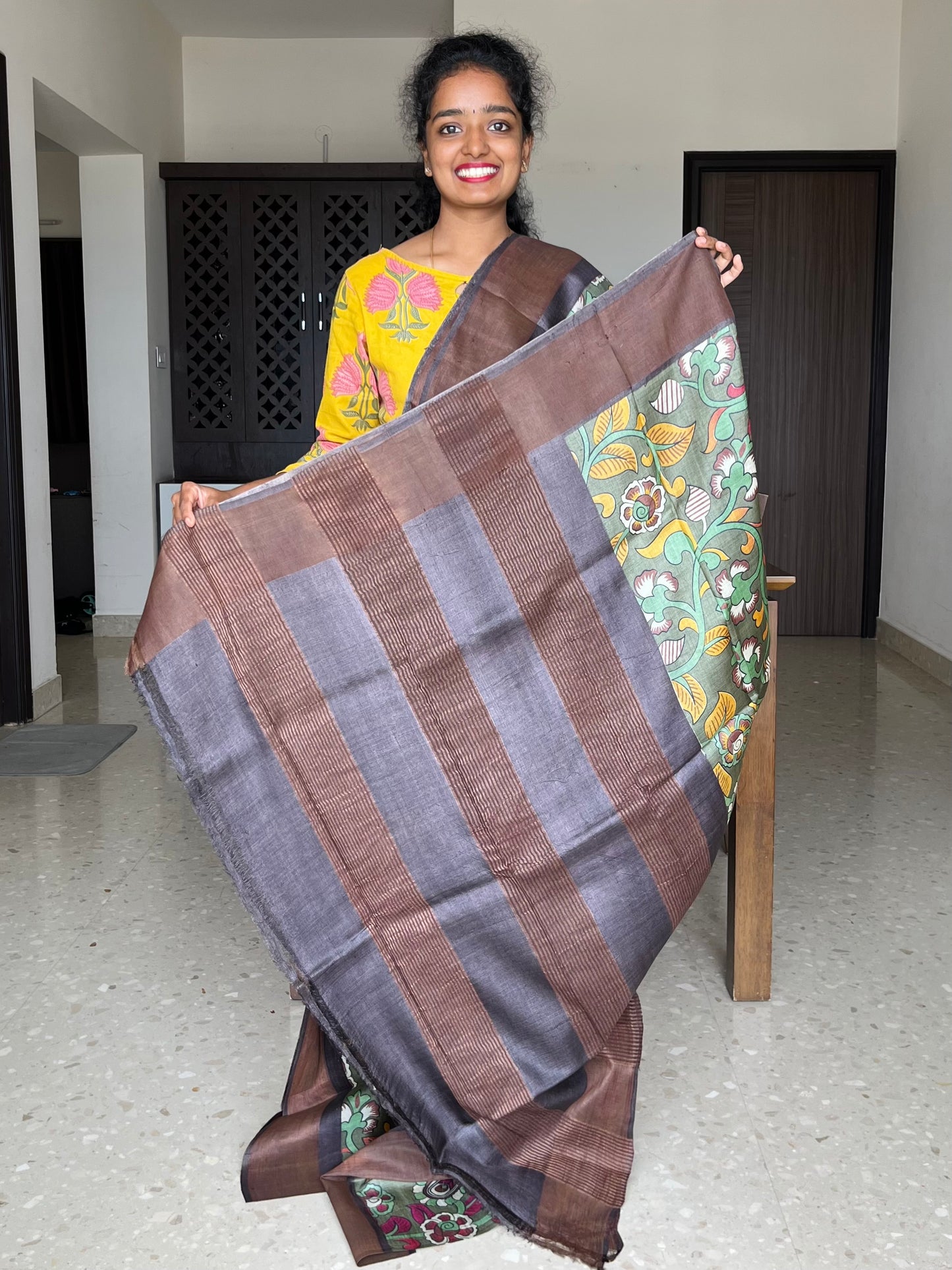 Olive Green and Brown Tussar Silk Saree with Prints