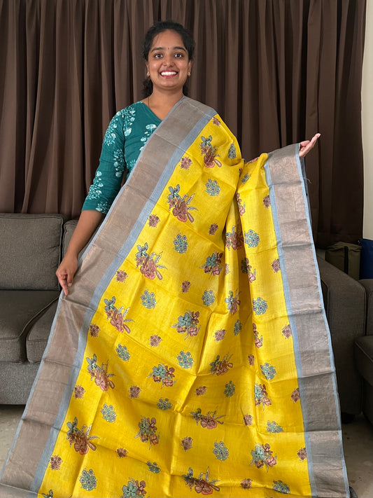 Yellow and Grey Tussar Silk Saree with Prints