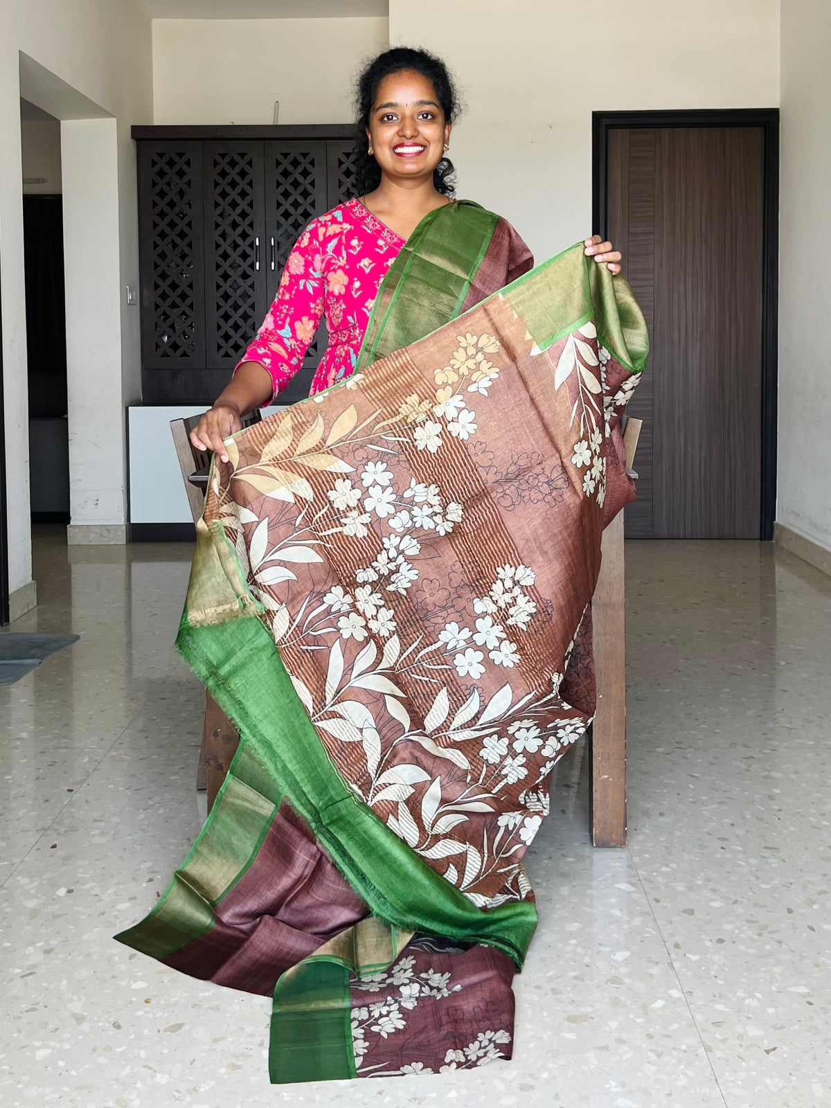 Brown and Green Tussar Silk Saree with Prints