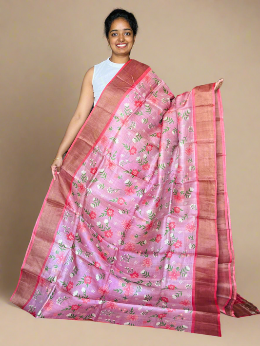 Pink and Peach Tussar Silk Saree with Prints