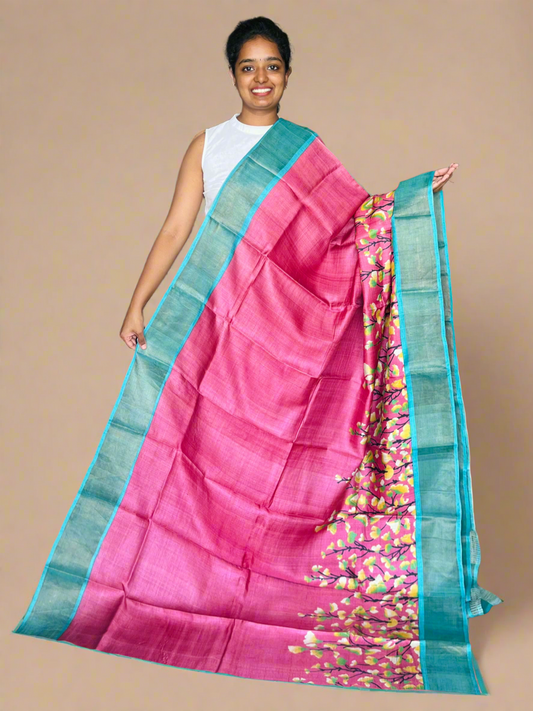 Pink and Blue Tussar Silk Saree with Prints