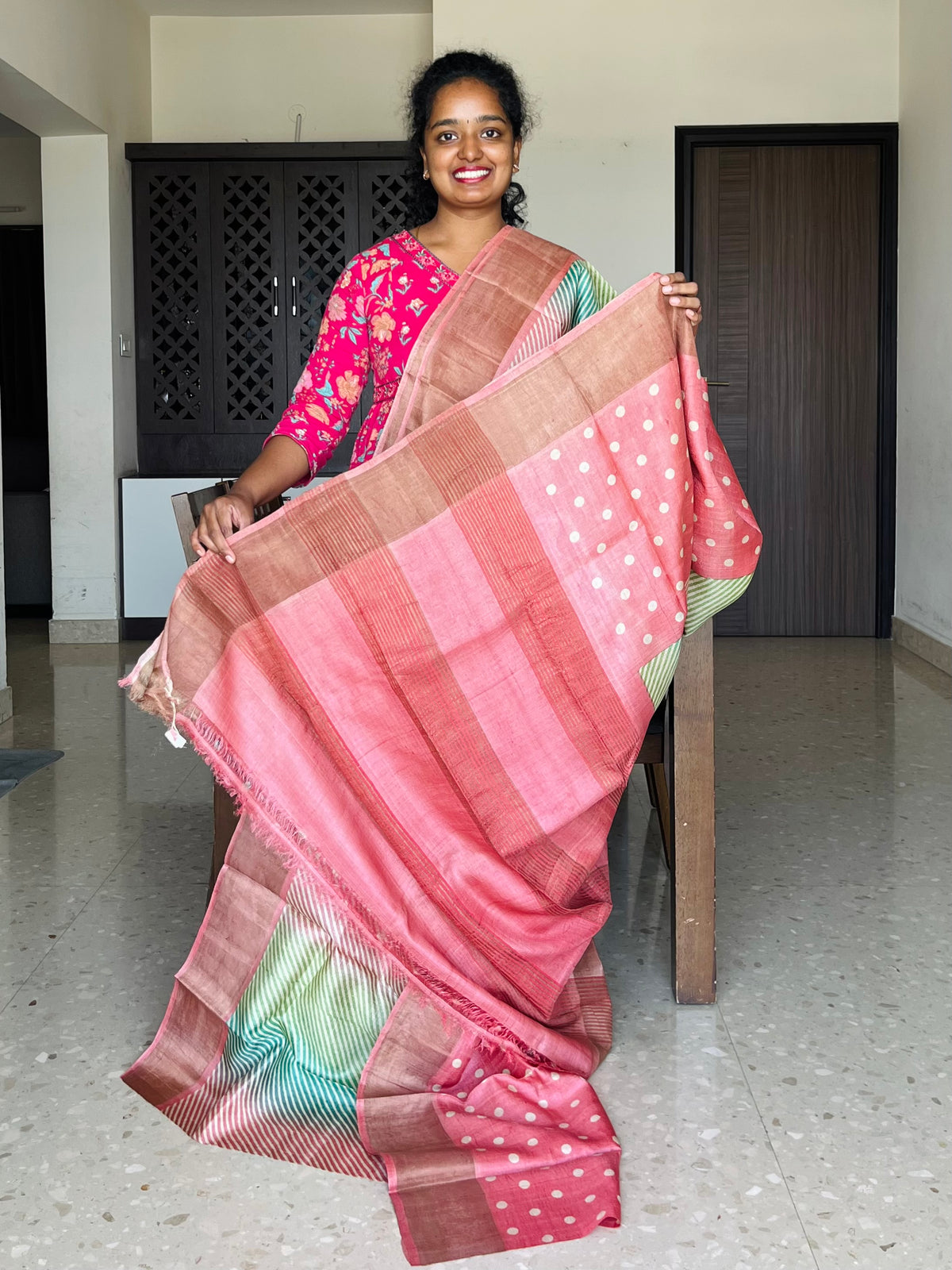 Cream and Peach Tussar Silk Saree with Prints
