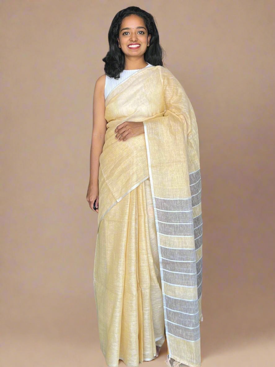 Yellow and Grey Linen Saree