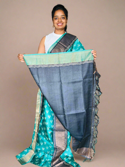 Teal and Black Tussar Silk Saree with Prints