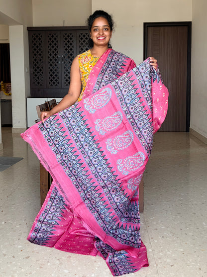 Pink Tussar Silk Saree with Prints