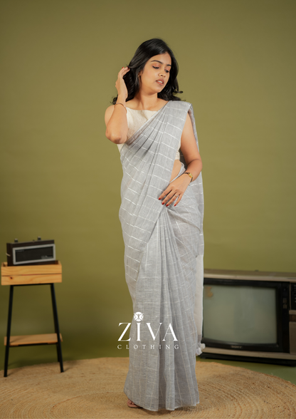 Grey Linen Saree Woven With Sequins