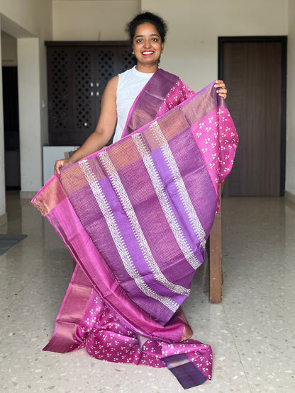 Pink and Purple Tussar Silk Saree with Prints