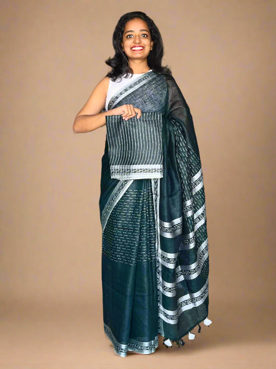 Dark Green Linen Saree with Kantha Weaves