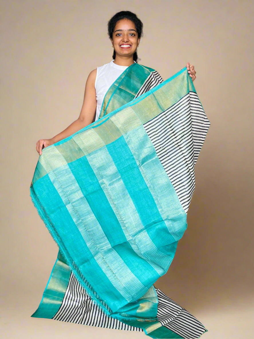 Black and Cyan Tussar Silk Saree with Print
