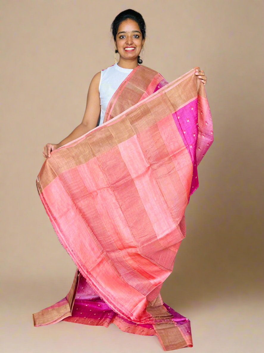 Pink and Peach Tussar Silk Saree with Prints
