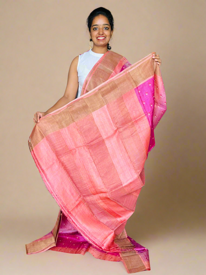 Pink and Peach Tussar Silk Saree with Prints