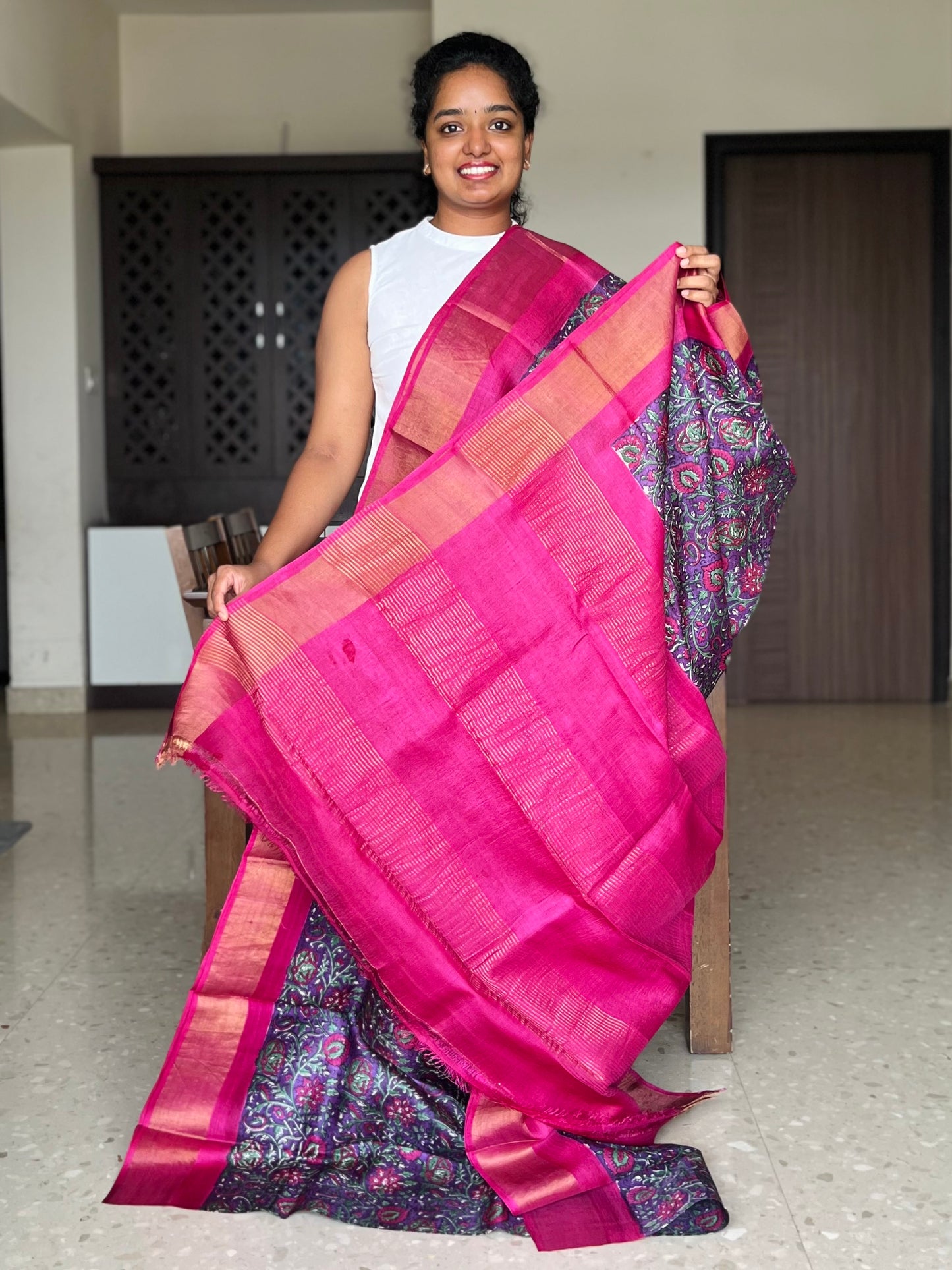 Purple and Pink Tussar Silk Saree with Prints