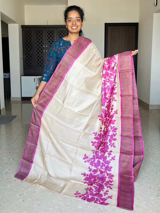 Cream and Rani Pink Tussar Silk Saree with Prints