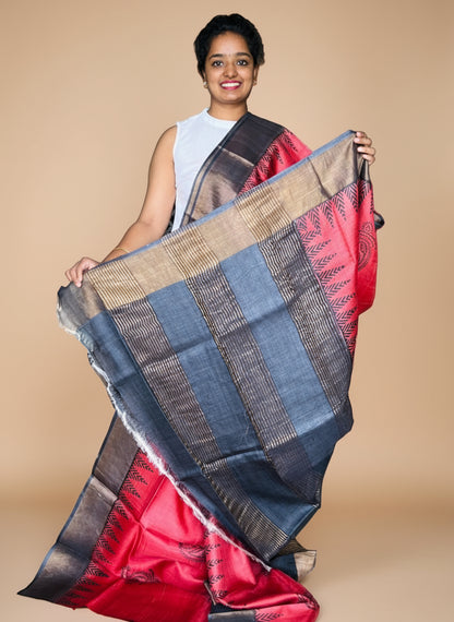 Red and Black Tussar Silk Saree with Prints