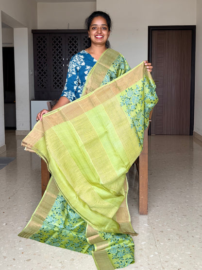 Green Tussar Silk Saree with Prints