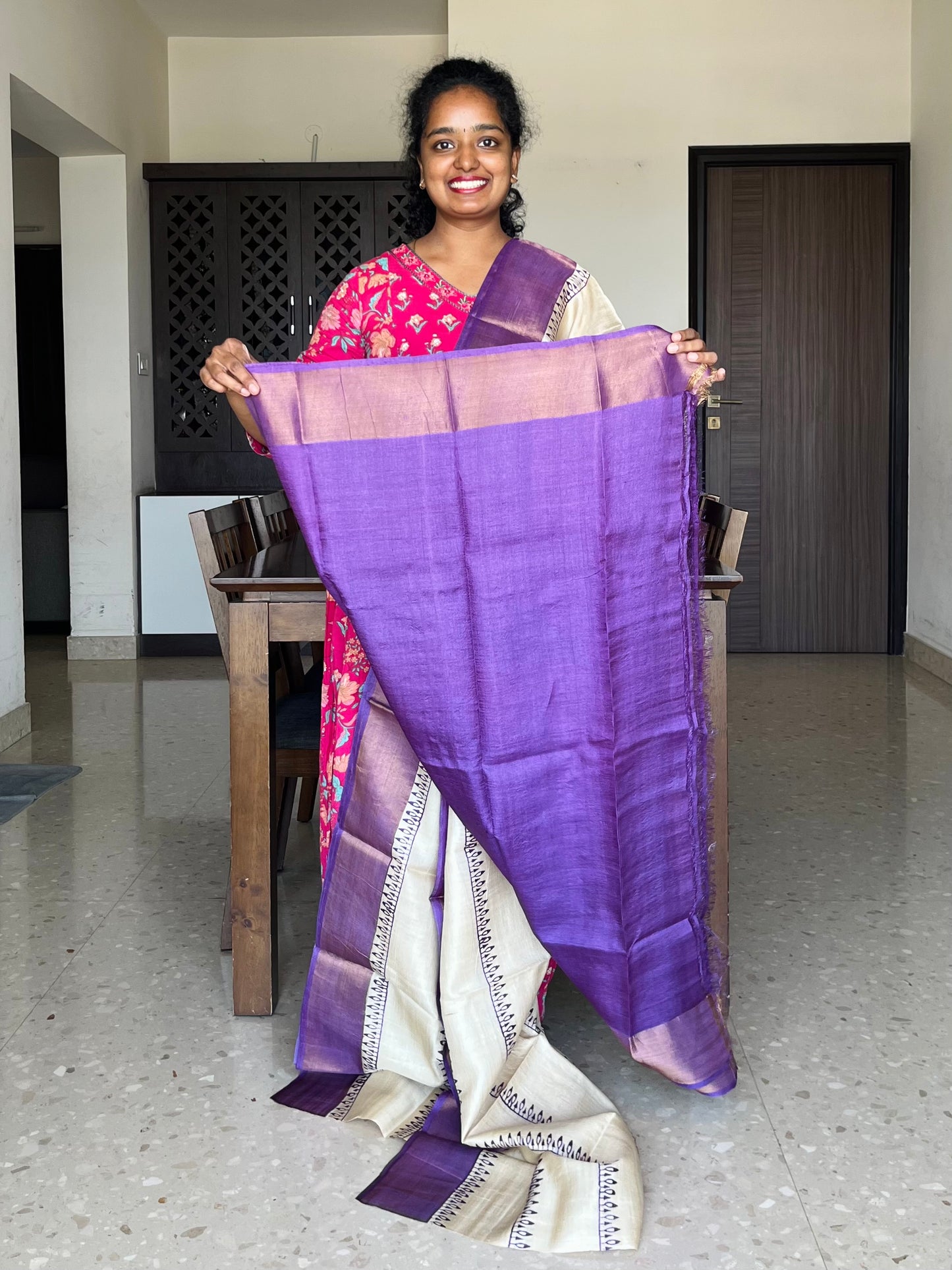 Cream and Violet Tussar Silk Saree with Prints