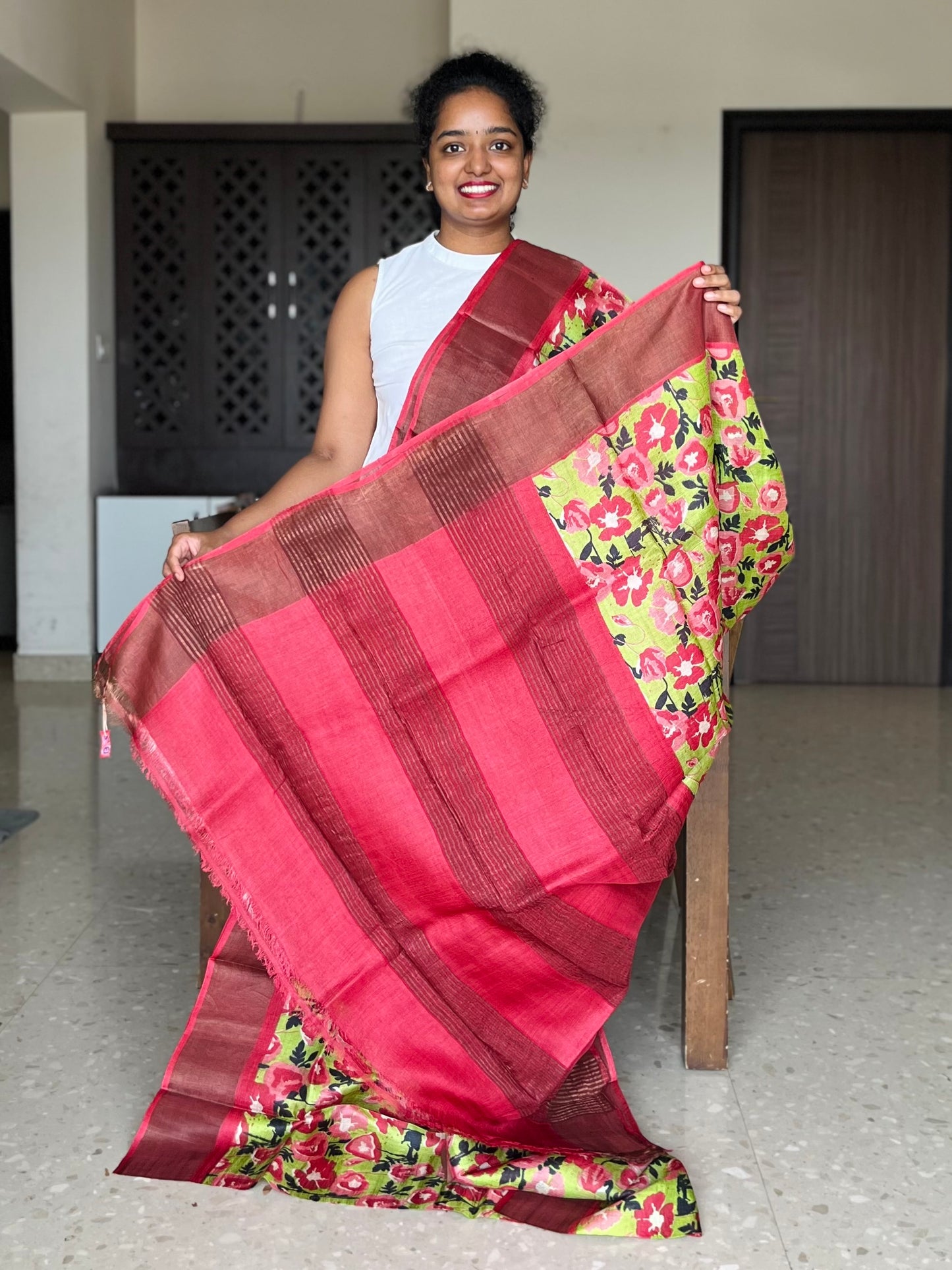 Green and Peach Tussar Silk Saree with Prints
