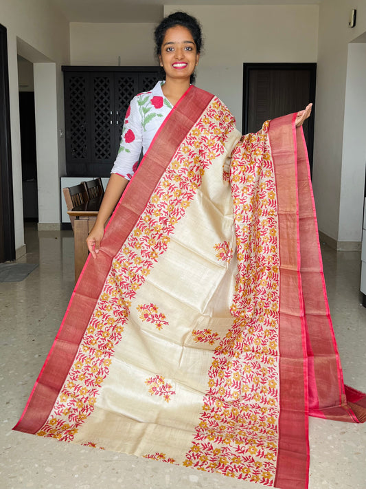 Cream and Red Tussar Silk Saree with Prints