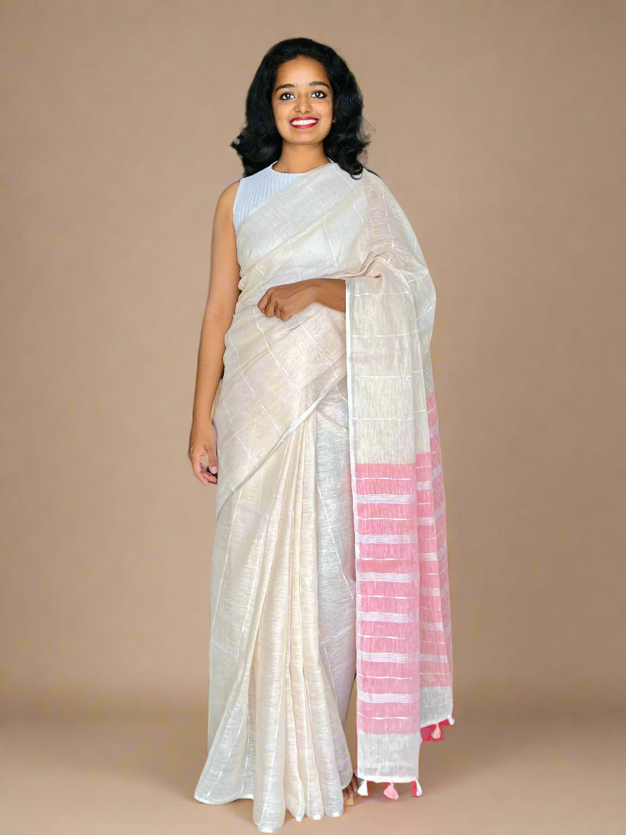 Cream Linen Saree With Pink Pallu