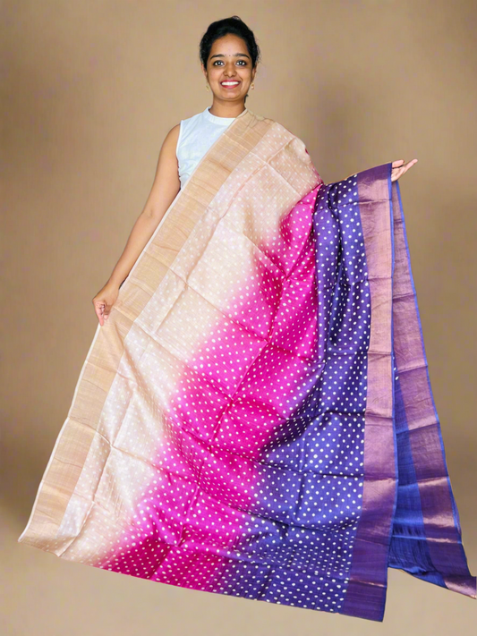 Cream Pink and Purple Tussar Silk Saree with Prints