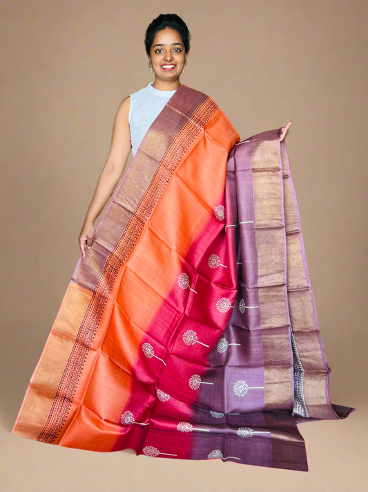 Orange, Red and Plum Tussar Silk Saree with Prints