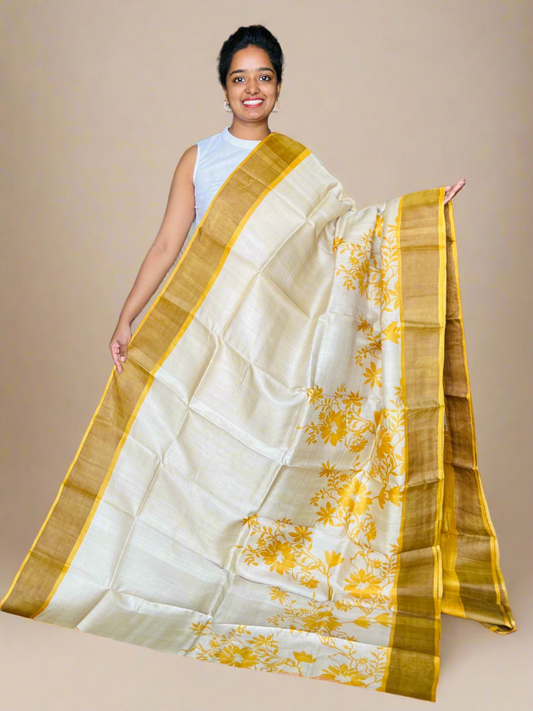 Cream and Yellow Tussar Silk Saree with Prints