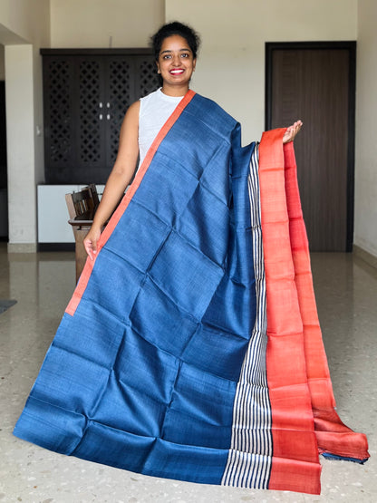 Blue and Orange Tussar Silk Saree with Prints