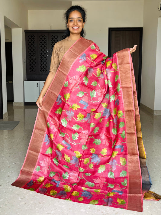 Pink Tussar Silk Saree with Prints