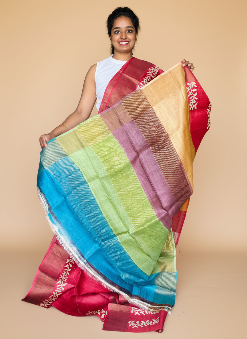 Red Tussar Silk Saree with Prints