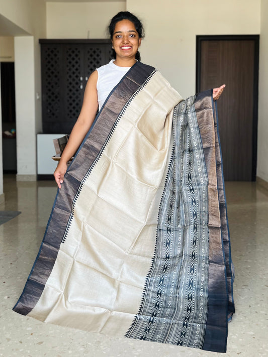 Cream and Black Tussar Silk Saree with Prints