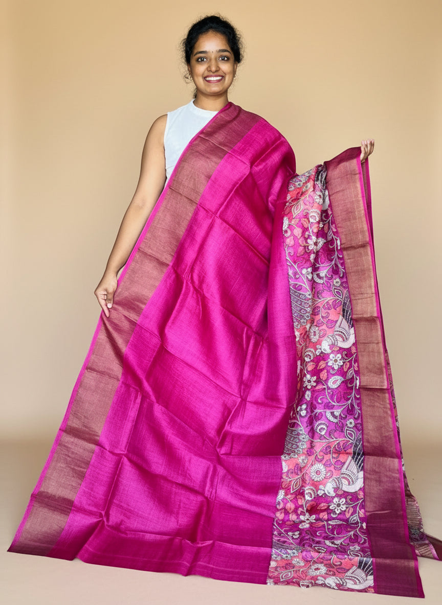 Magenta Tussar Silk Saree with Prints