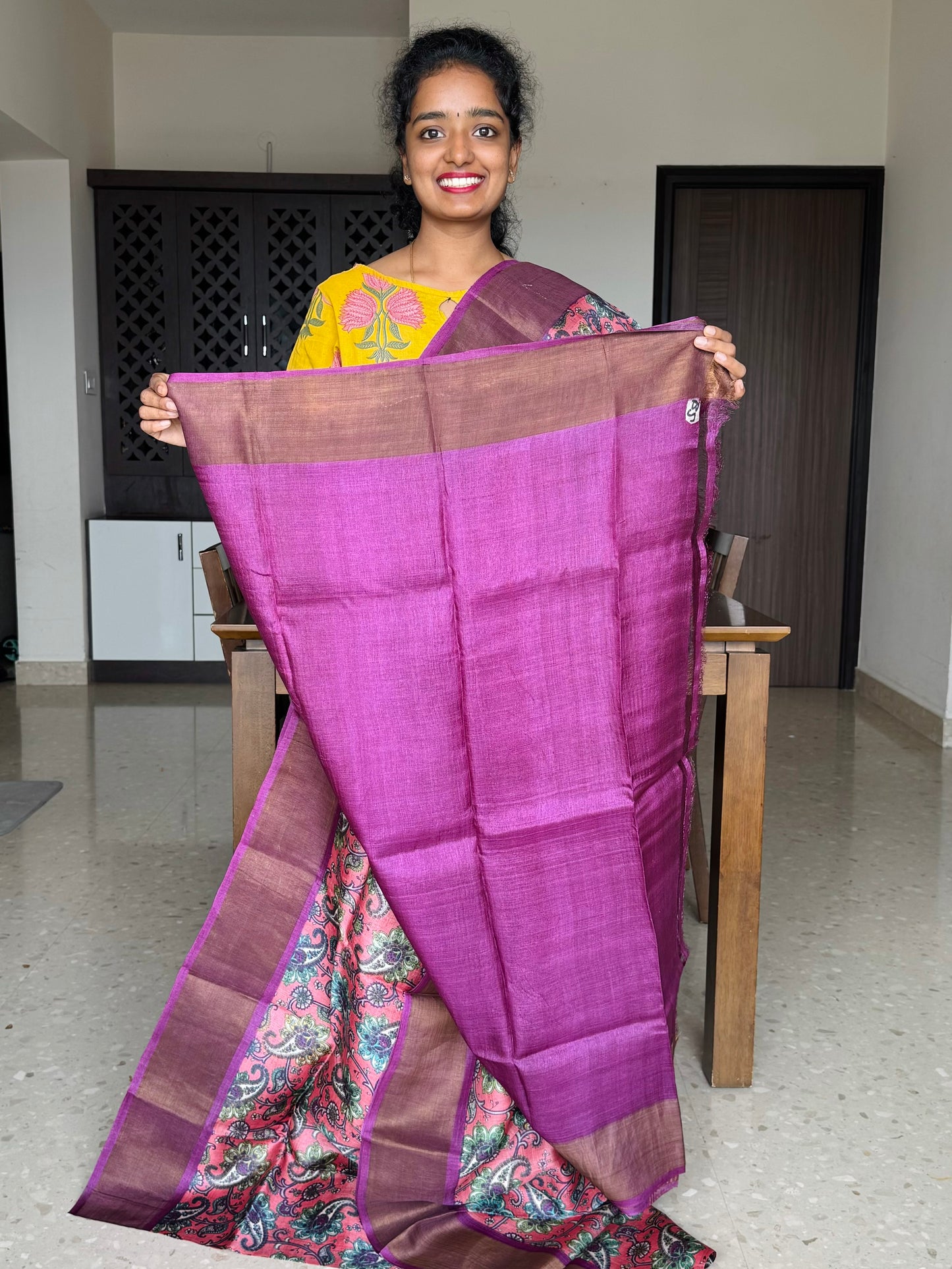 Pink and Purple Tussar Silk Saree with Prints