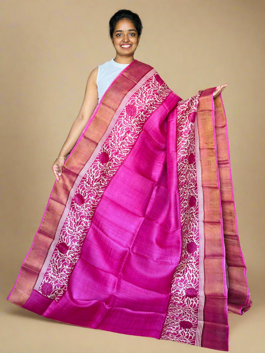 Fuschia Pink Tussar Silk Saree with Prints